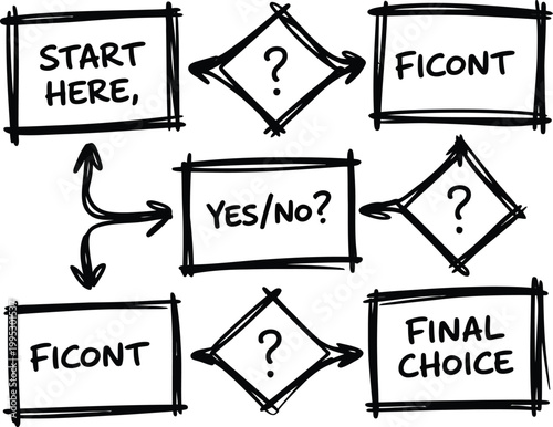 Hand drawn flowchart diagram showing logical decision making process with steps for reaching final choice
