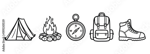 Hand-drawn camping and hiking gear doodle icon set, includes tent, campfire, compass, backpack, and boot.