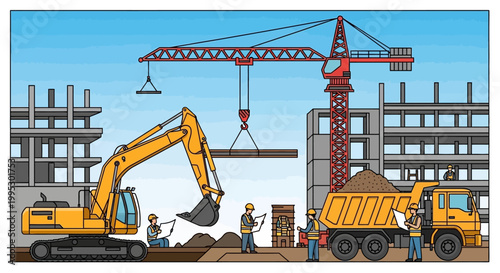 A heavy yellow crane and industrial truck work on a building construction site with heavy machinery equipment like an excavator and loader