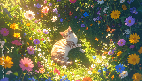A dreamy top-down perspective from above, looking down at the ground, surrounded by wildflowers and tall grass forming a circular composition. 