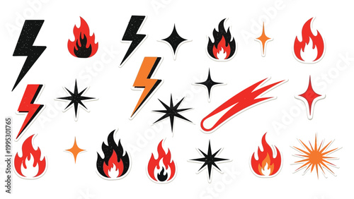 Fire flame icon doodle collage set. Hand drawn flame fire brush scribble grunge chalk texture shape graphic. Punk lightning bolt explosion energy blast sticker rock power burst. Vector illustration 