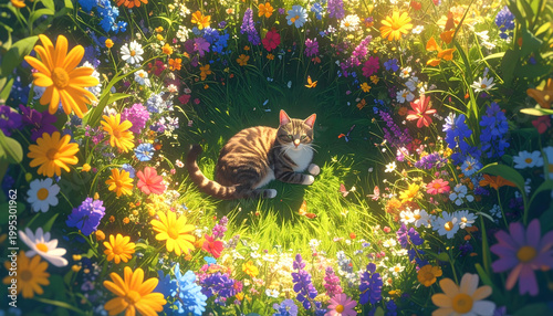 A dreamy top-down perspective from above, looking down at the ground, surrounded by wildflowers and tall grass forming a circular composition. 