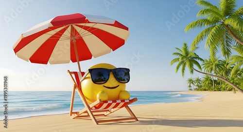 Happy Smiley Emoji Relaxing on Beach Chair Under Umbrella, Sunglasses, Tropical Vacation