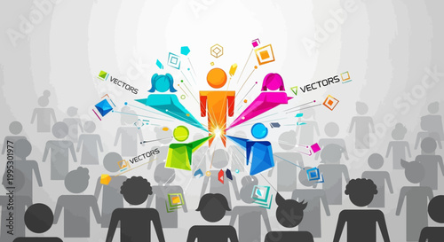 A diverse business team silhouette forms a global community by holding hands around a social network icon to symbolize world communication and technology