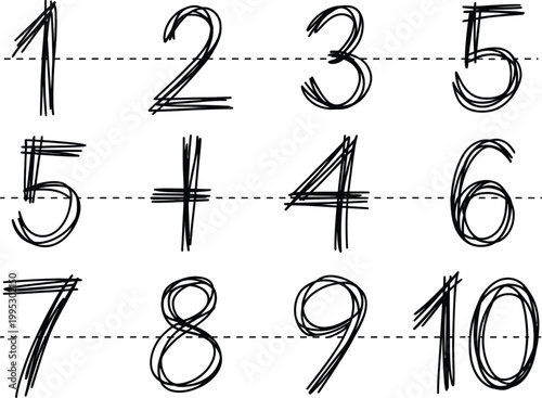 Hand drawn numerical digits featuring a collection of scribbled numbers from one to ten for education