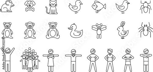 Cute animals and human characters icons set pets people gestures cartoon line vector collection symbols