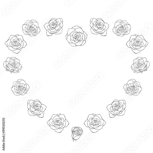 手描きのバラの花の線画ハート型のフレームイラスト