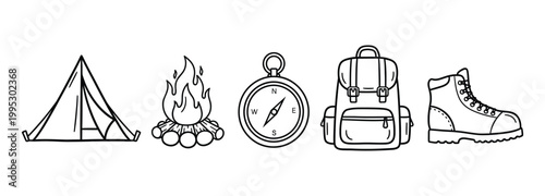 Hand-drawn camping and hiking gear doodle icon set, includes tent, campfire, compass, backpack, and boot.