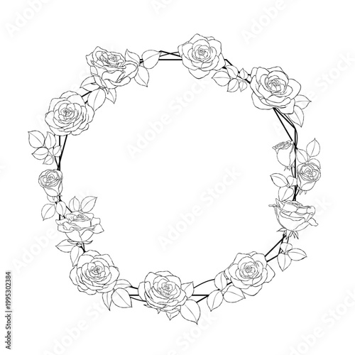 手描きのバラの花の線画円型のフレームイラスト