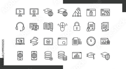Digital business education icons set with analytics security finance learning minimal outline vector collection modern design