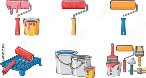 Painting tools set with rollers brushes paint buckets and trays isolated on light background home renovation vector illustration collection