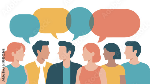Group of diverse people having conversation, colorful speech bubbles above heads, communication discussion dialogue concept, social interaction teamwork flat vector illustration.