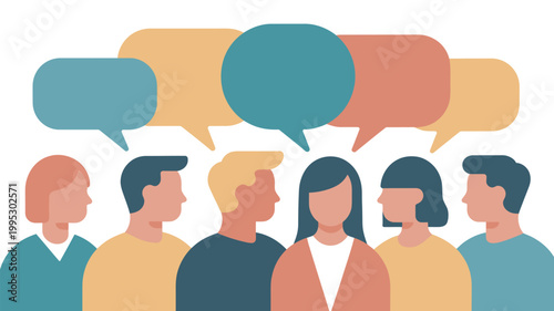 Group of diverse people having conversation, colorful speech bubbles above heads, communication discussion dialogue concept, social interaction teamwork flat vector illustration.