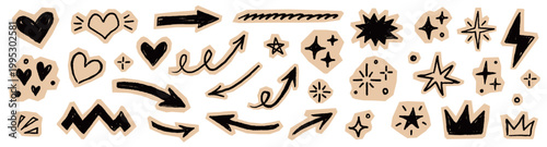 Scrapbook collage sticker element set. Hand drawn paper cut collage with crayon doodle line brush scribble texture. Cute grunge notebook diary scrap heart star circle arrow lightning crown. Vector