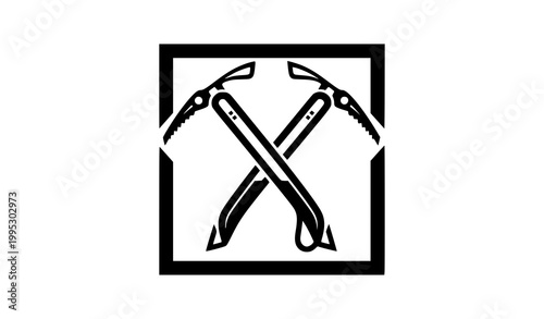 Bold crossed climbing ice axes square composition vector with mountain design