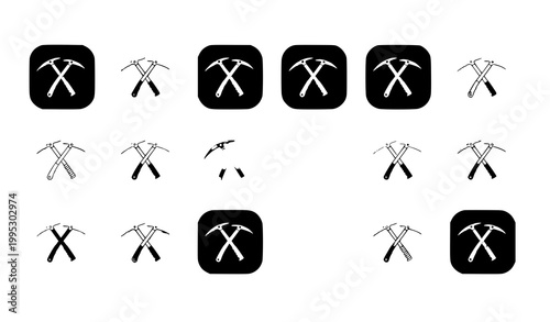 Crossed climbing ice axe UI icons vector set with adventure app interface design