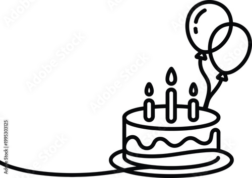 Decorated birthday cake with glowing candles and helium balloons for a festive celebration and happy party