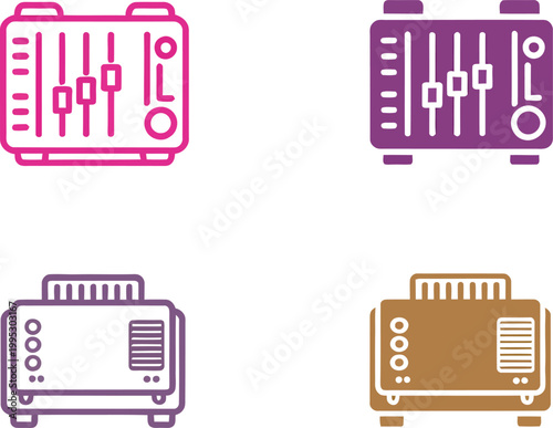 Set of audio mixing console icons featuring various slider layouts for professional music production studio equipment