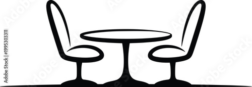 Black silhouette featuring a small round dining table paired with two comfortable chairs for seating guests