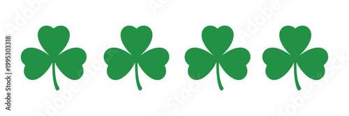 Shamrock clover icons, green three leaf and four leaf lucky symbols, floral nature logo elements, clean flat vector style illustration.