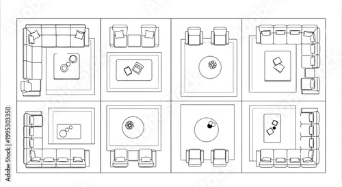 Top View Living Room Furniture Layout Collection – Modular Sofa Arrangements and Interior CAD Plan Set