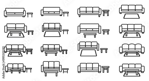 Living Room Sofa Elevation CAD Set – Front View Couch, Coffee Table and Side Table Furniture Layout Collection