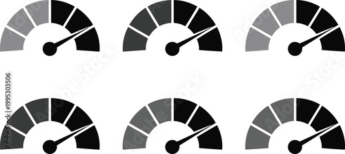 Six various speedometers showing different progress levels for performance tracking and data analytics dashboard user interface