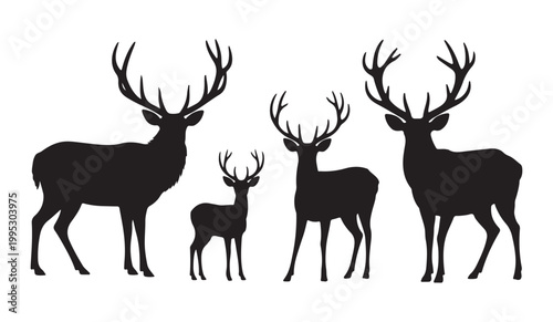 Group of silhouette deer family including adult male and young fawn in various poses.