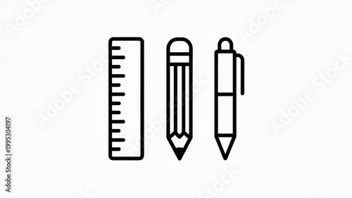 premium Minimalist ruler, pencil and pen line icons for school and office stationery, isolated on white background background