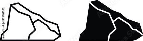 Two minimalist icons featuring rugged mountain peaks in both outline and solid black silhouette styles