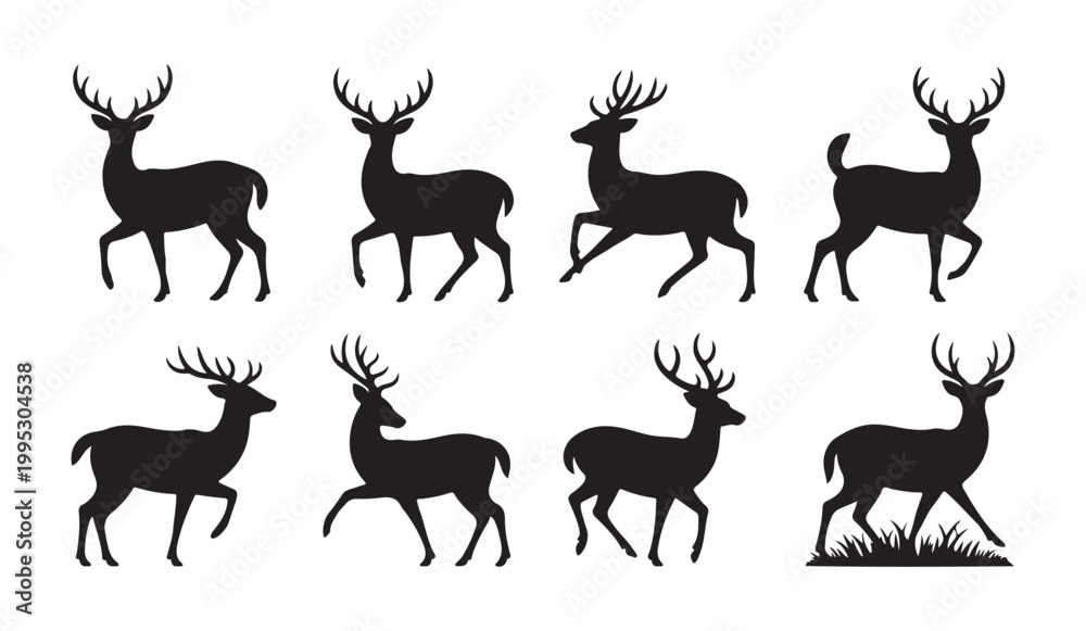 Fototapeta premium Set of eight black deer silhouettes in various dynamic poses on a white background, including one on grass.