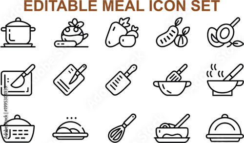 Collection of editable meal and cooking icons representing food preparation and serving for culinary purposes