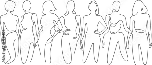 Diverse group of women standing together drawn with a continuous flowing line style for empowerment
