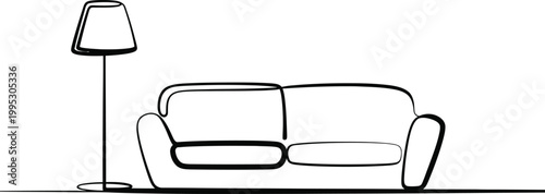 Minimalist line drawing of a comfortable modern sofa next to a simple standing floor lamp interior
