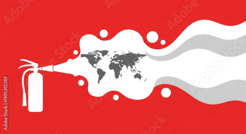 Global fire extinguishing a world map with foam from a fire extinguisher, symbolizing environmental protection and disaster prevention efforts