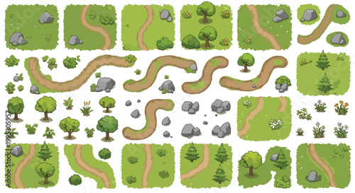 Cartoon landscape map constructor kit, green grass field tiles with dirt paths and trees, modular game environment assets vector set