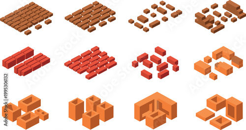Set of construction bricks in different arrangements including clay blocks and masonry elements isolated on light background vector illustration collection