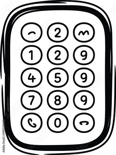 Hand drawn keypad interface featuring numeric buttons for communication devices and secure mobile phone access systems