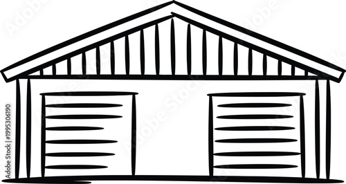 Simple line drawing of a suburban detached garage building with two separate rolling door entrances
