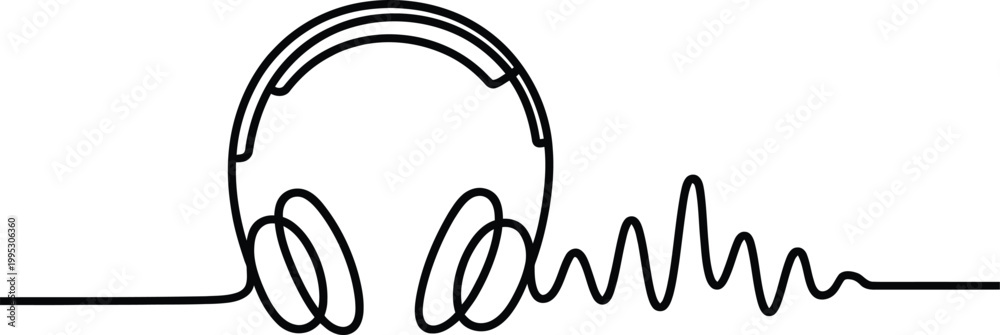 Obraz premium Continuous line drawing of modern stereo headphones combined with a rhythmic sound frequency audio wave pulse