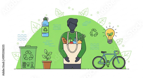 Eco friendly lifestyle concept with a person holding reusable bag and surrounded by recycling bin plant water bottle bicycle and light bulb on a green background