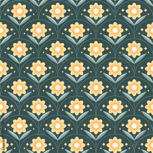 Seamless Retro Floral Geometric Pattern with Stylized Flowers on Dark Green Background – Mid Century Modern Design