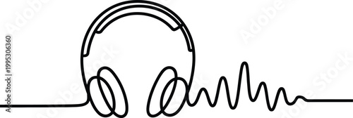 Continuous line drawing of modern stereo headphones combined with a rhythmic sound frequency audio wave pulse