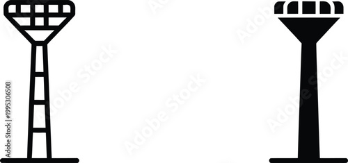 Black silhouette icons representing airport air traffic control towers for aviation navigation and flight safety operations