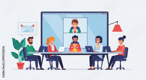 Remote team collaboration with video conference on large screen diverse people working together in modern office space with laptops and plant