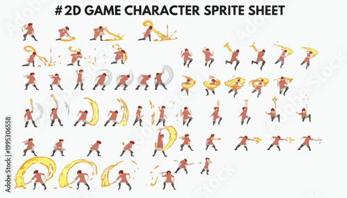 2D game character sprite sheet, warrior hero animation frames with sword attack effects, fantasy fighter combat sequence vector set