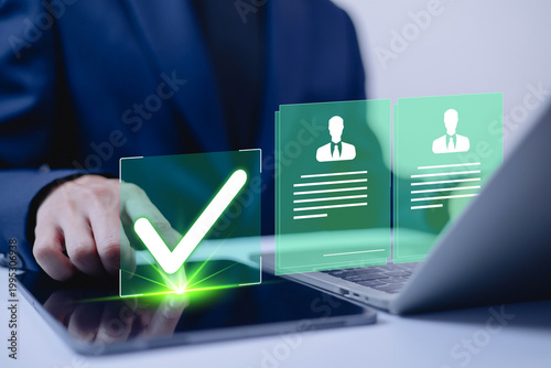 Digital approval concept with checkmark verification on tablet, business workflow confirmation, online document validation, quality assurance and recruitment selection process in modern corporate