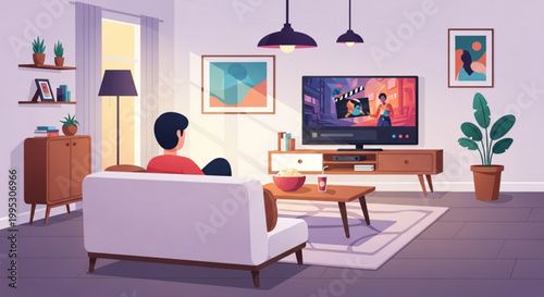 Man sitting on white couch watching tv in modern living room with plants and artwork