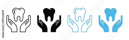 Dental care concept, four variations of hands protecting teeth in different color schemes, oral hygiene protection symbol