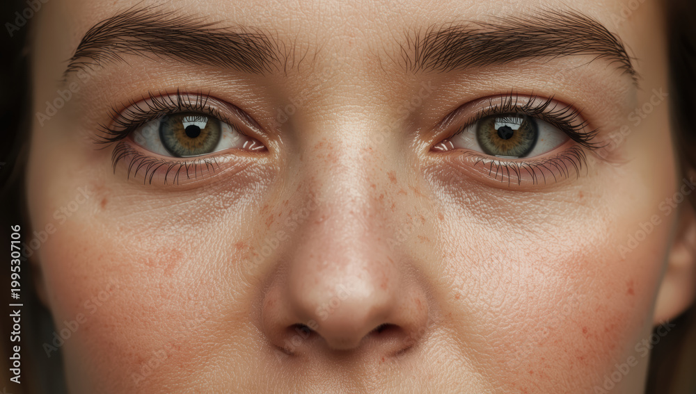 Fototapeta premium Young woman close up portrait with visible skin texture and subtle freckles